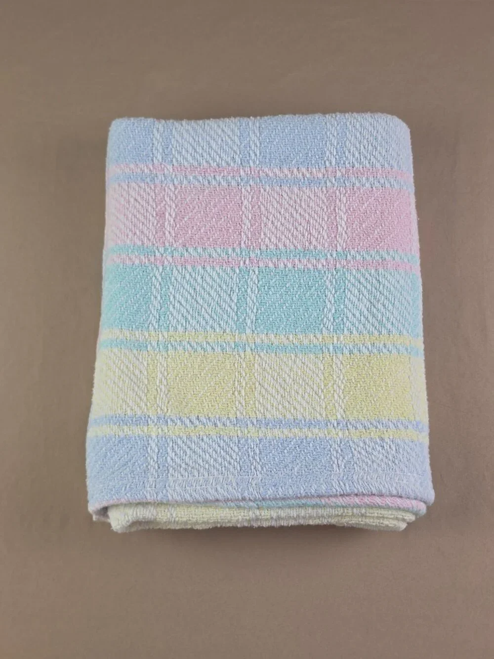 Vtg Beacon Baby Blanket Plaid Pastel Block Woven 100% Cotton Pink Blue Yellow